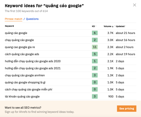 Keyword ideas for “quảng cáo google”